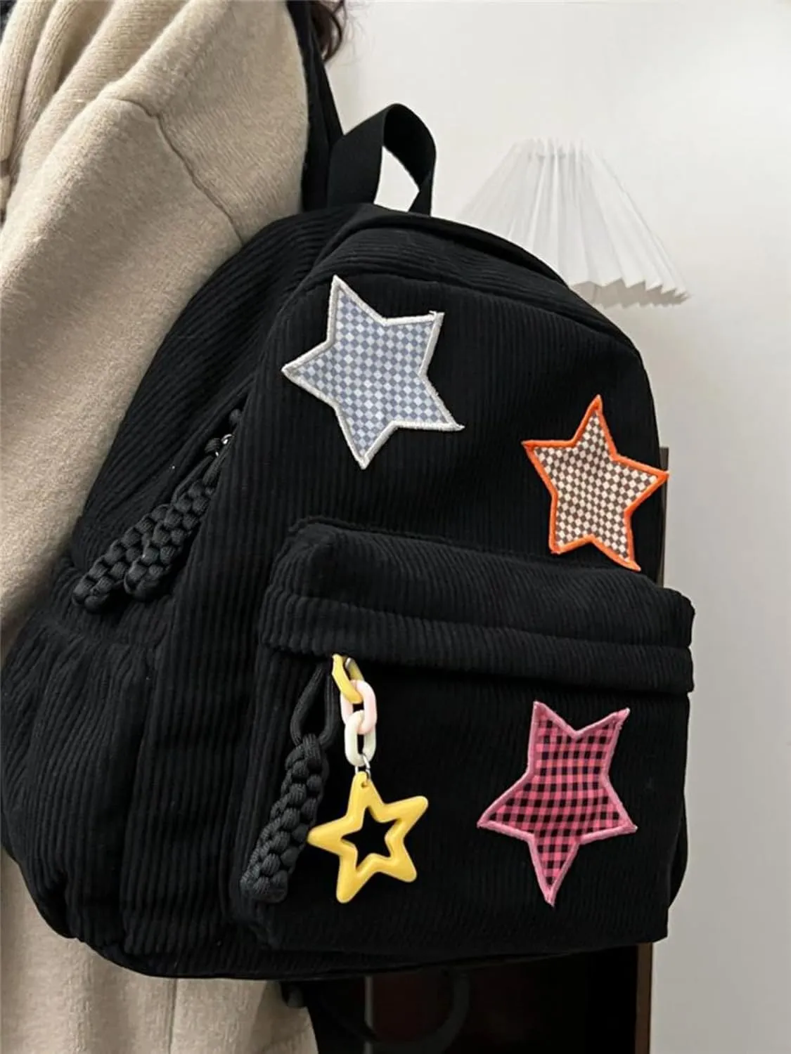Star Backpack Kawaii Large Capacity Aesthetic Rucksack Cute Accessories Bag for Woman Light-hearted Mori (Black,Large)