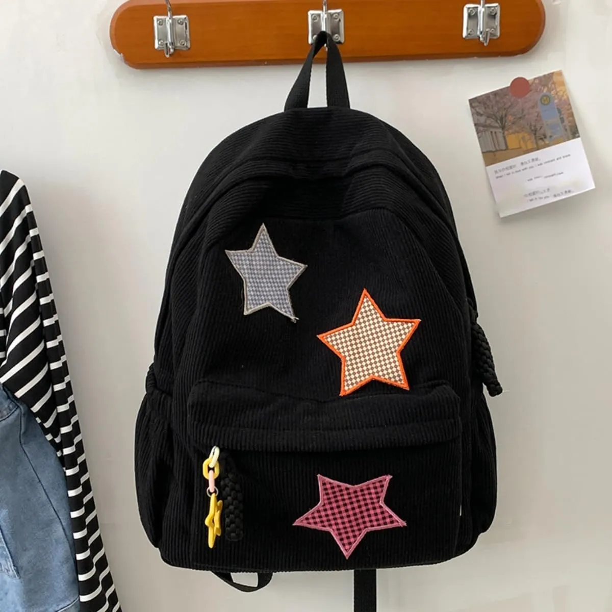 Star Backpack Kawaii Large Capacity Aesthetic Rucksack Cute Accessories Bag for Woman Light-hearted Mori (Black,Large)