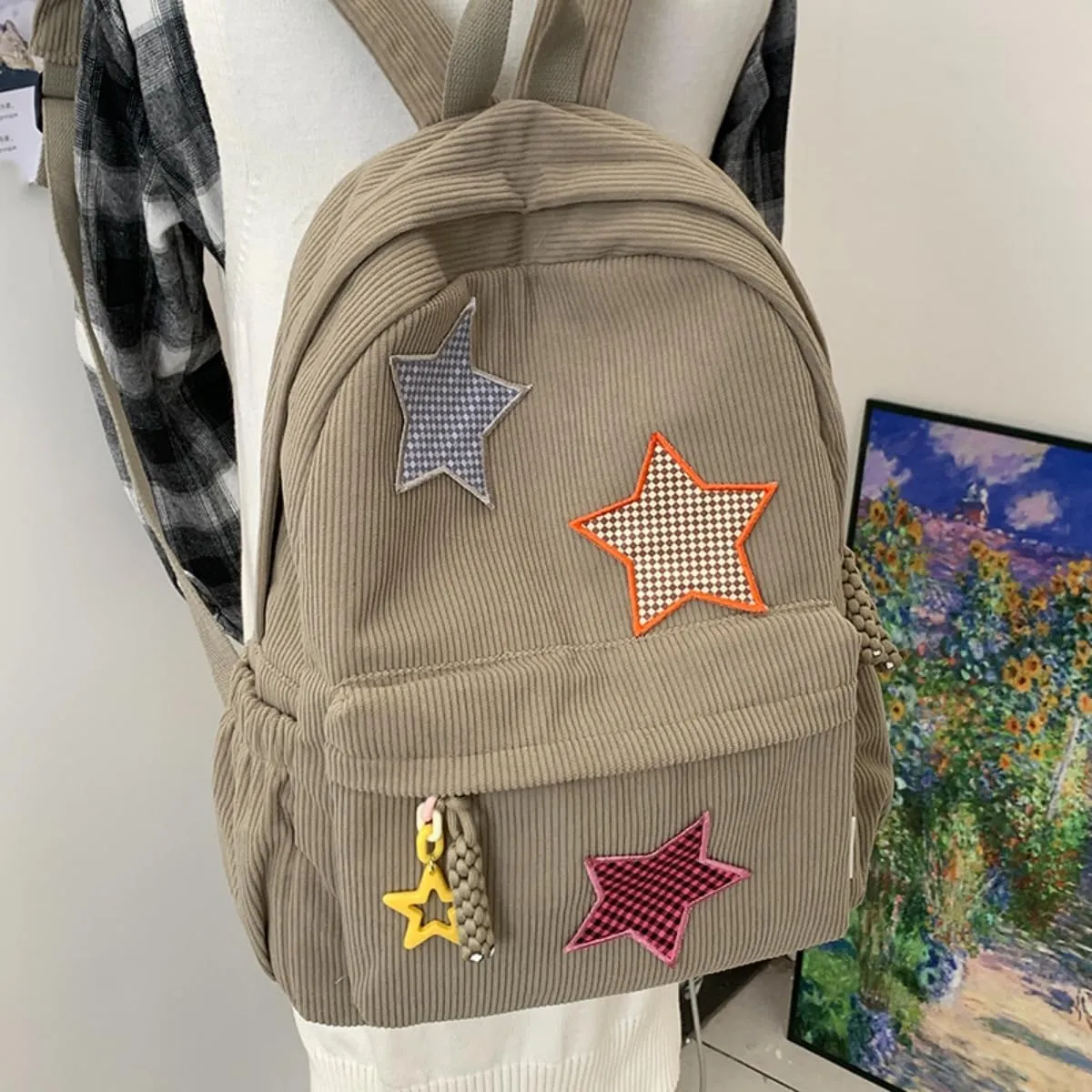 Star Backpack Kawaii Large Capacity Aesthetic Rucksack Cute Accessories Bag for Woman Light-hearted Mori (Khaki,Large)