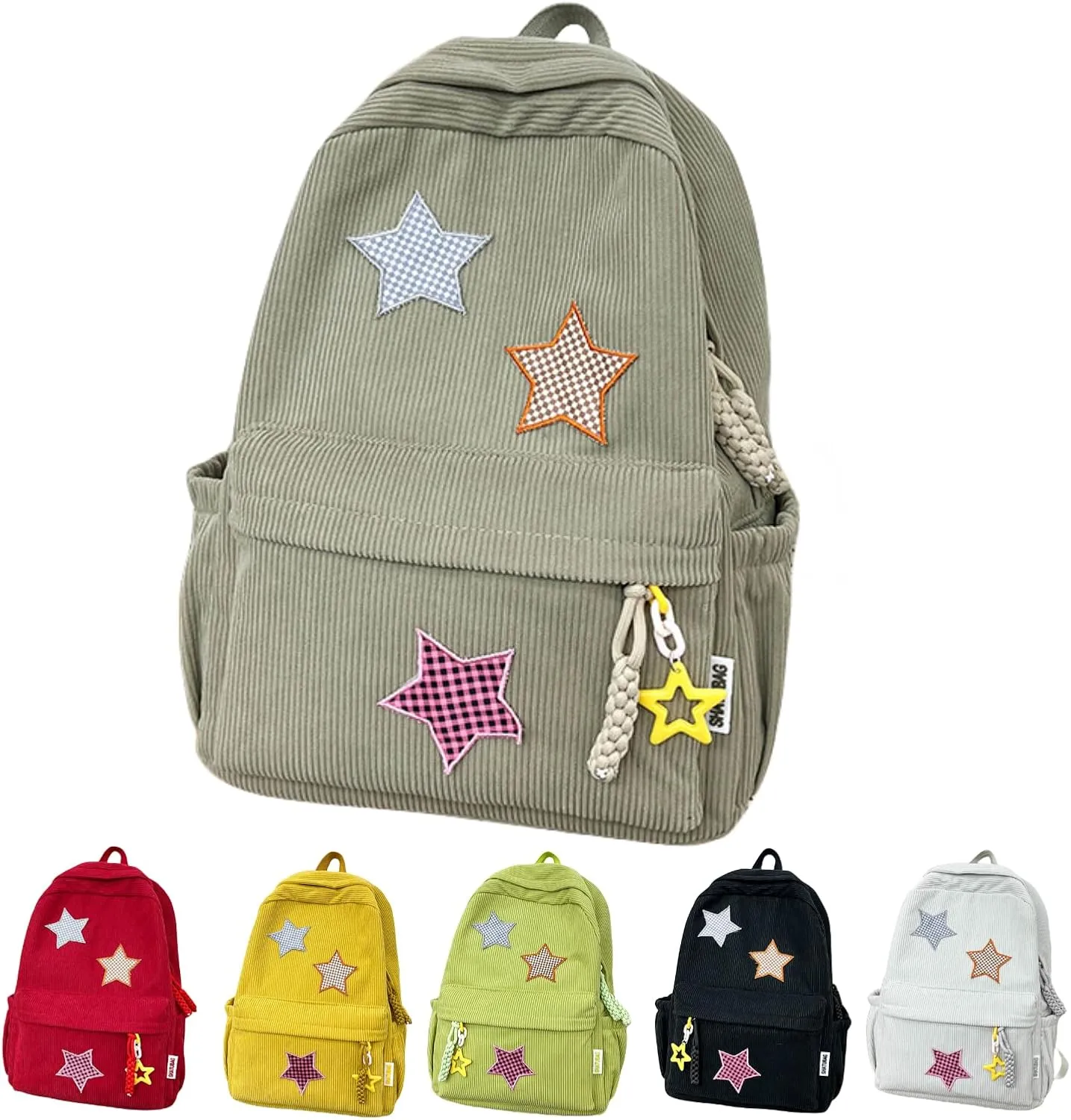 Star Backpack Kawaii Large Capacity Aesthetic Rucksack Cute Accessories Bag for Woman Light-hearted Mori (Khaki,Large)