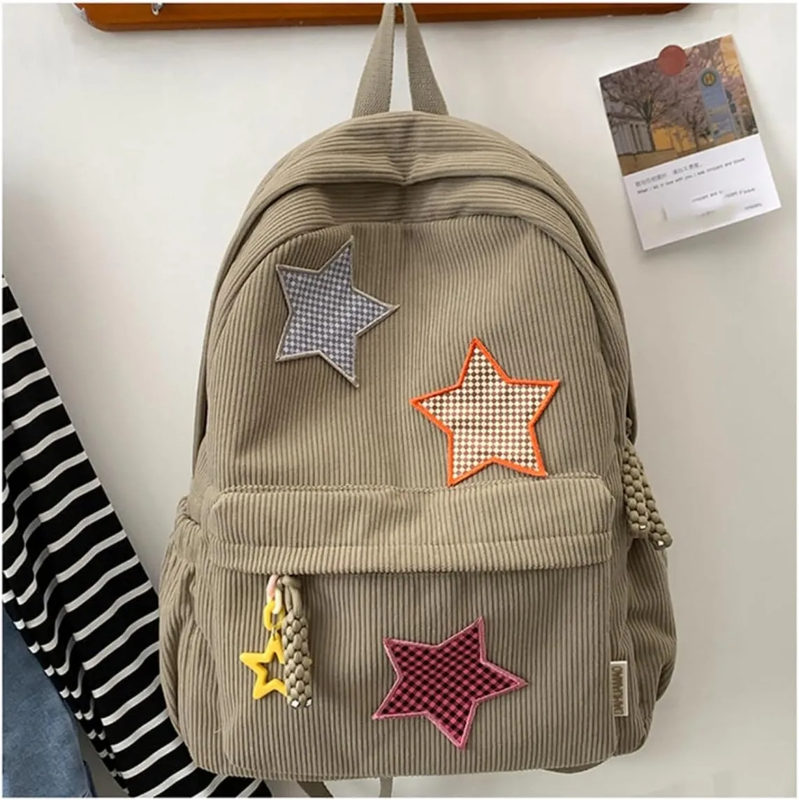 Star Backpack Kawaii Large Capacity Aesthetic Rucksack Cute Accessories Bag for Woman Light-hearted Mori (Khaki,Large)