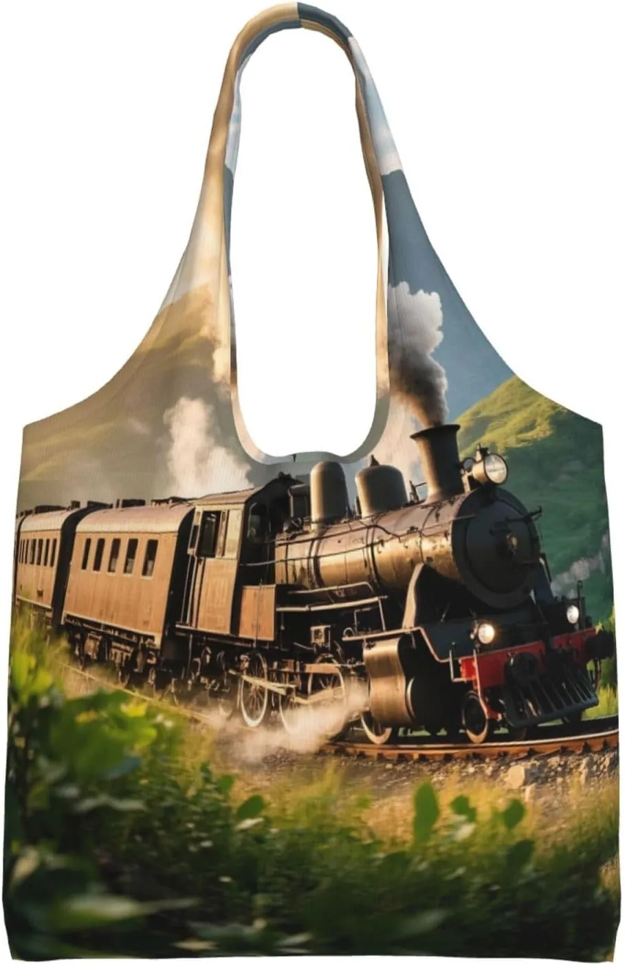 Steam Locomotive Train Print Ladies' Single Shoulder Canvas Handbag,Sturdy Cotton Handbag With Patterned Shoulder Bag