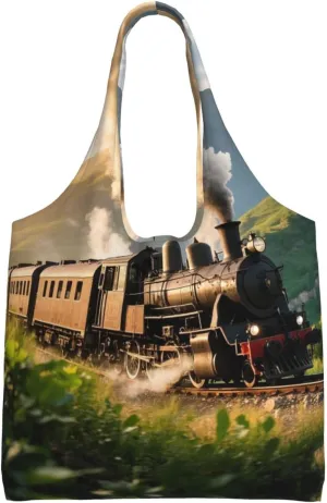 Steam Locomotive Train Print Ladies' Single Shoulder Canvas Handbag,Sturdy Cotton Handbag With Patterned Shoulder Bag
