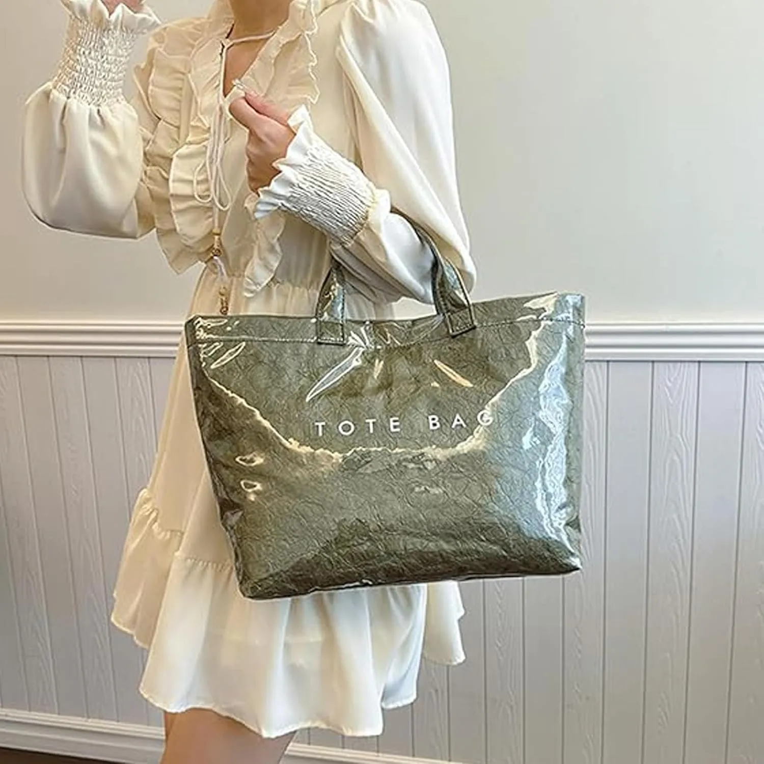 Stellaya Womens Letters Print Tote Bag, PVC Fashion Tote Handbags Shoulder Bag, Simple Modern Totes, Large Capacity Bags