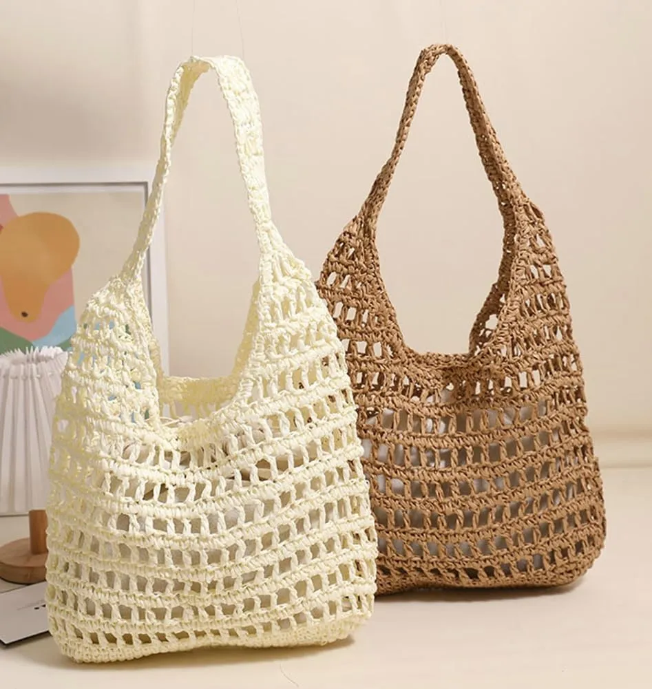 Straw Shoulder Bag for Women Handmade Woven Hobo Bags Tote Bag Trendy Summer Beach Handbag Purse