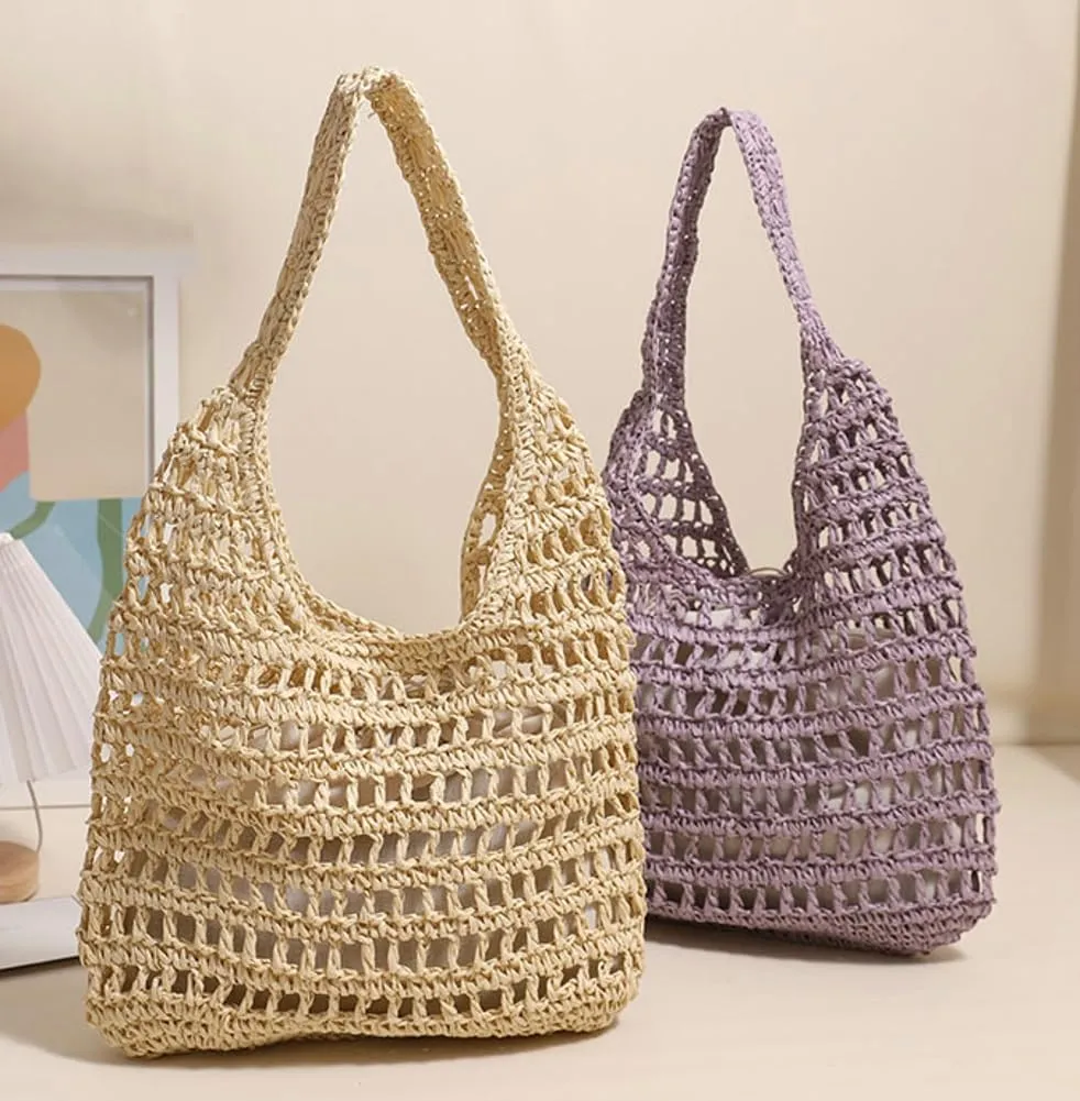 Straw Shoulder Bag for Women Handmade Woven Hobo Bags Tote Bag Trendy Summer Beach Handbag Purse