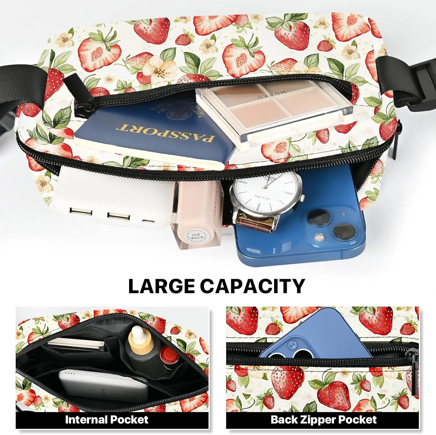 Strawberry Fanny Pack for Women Casual Belt Bag Waterproof Purse Lightweight Waist Bags with Adjustable Straps Wallet Travel Presents Workout