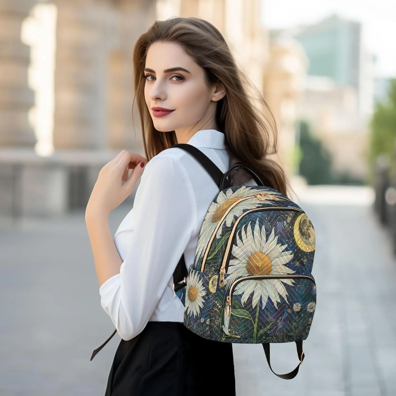 SUABO Daisy Flower Moon Backpack Purse Ladies Rucksack Travel Shoulder Bag Casual Daily Backpack