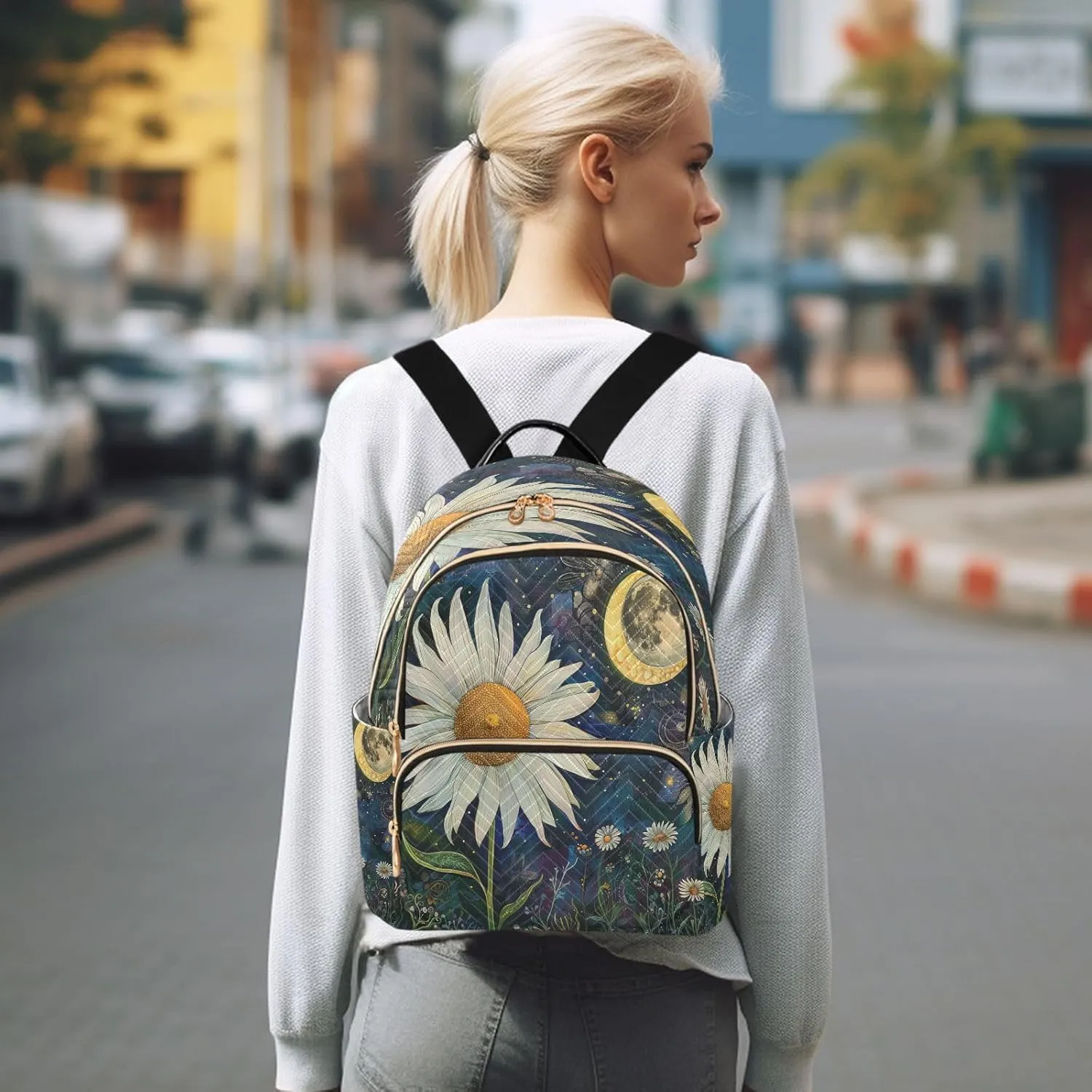 SUABO Daisy Flower Moon Backpack Purse Ladies Rucksack Travel Shoulder Bag Casual Daily Backpack