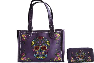 sugar skull day of the dead embroidery gun concealed carry handbag purse set (purple)