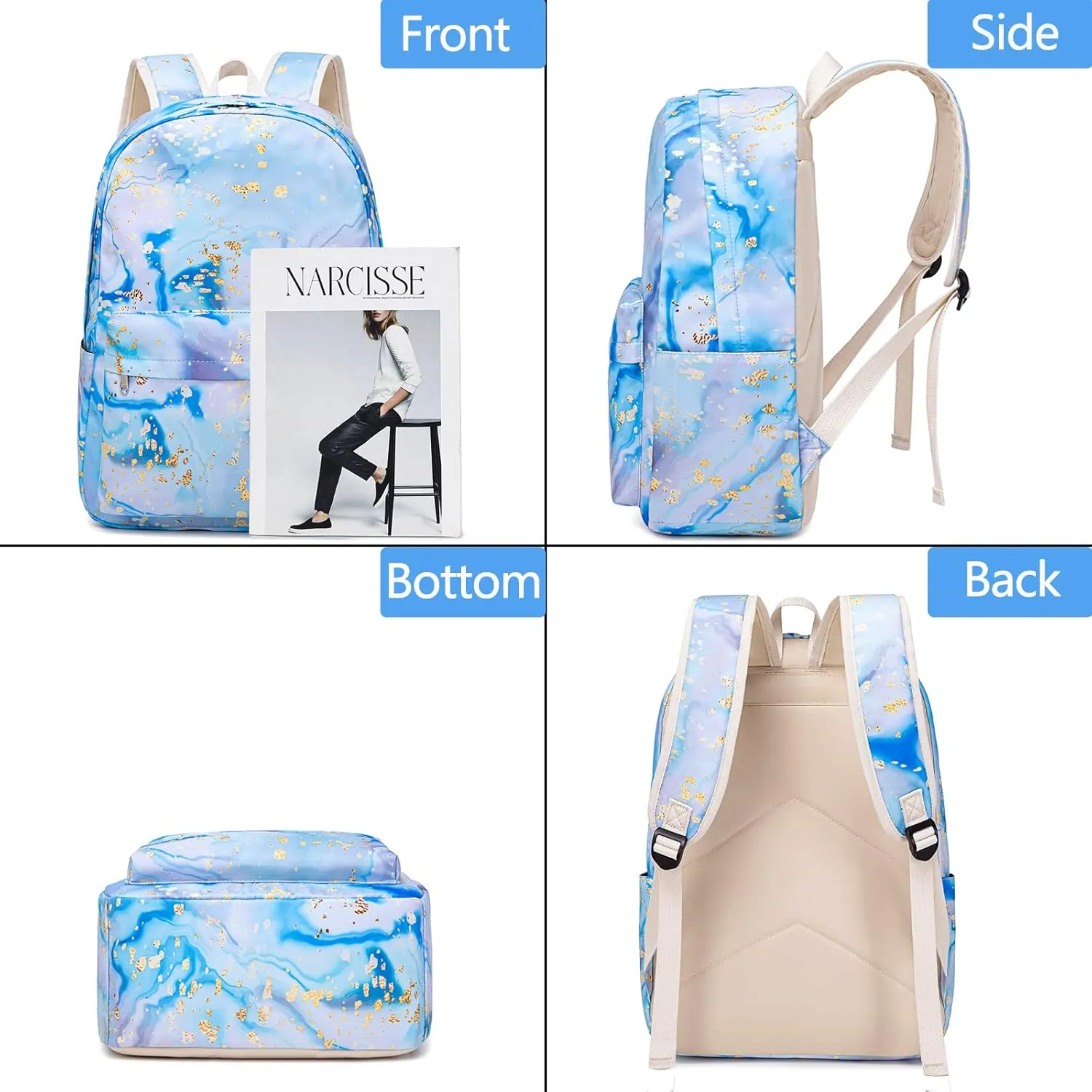 Sunborls Backpack for Teen Girls Lightweight High-Capacity Student Bookbag Women Backpack With Lunch Bag Pencil Bags Student Bookbags 3pcs（Marble blue）