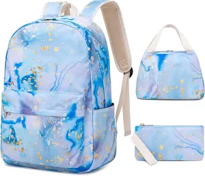 Sunborls Backpack for Teen Girls Lightweight High-Capacity Student Bookbag Women Backpack With Lunch Bag Pencil Bags Student Bookbags 3pcs（Marble blue）