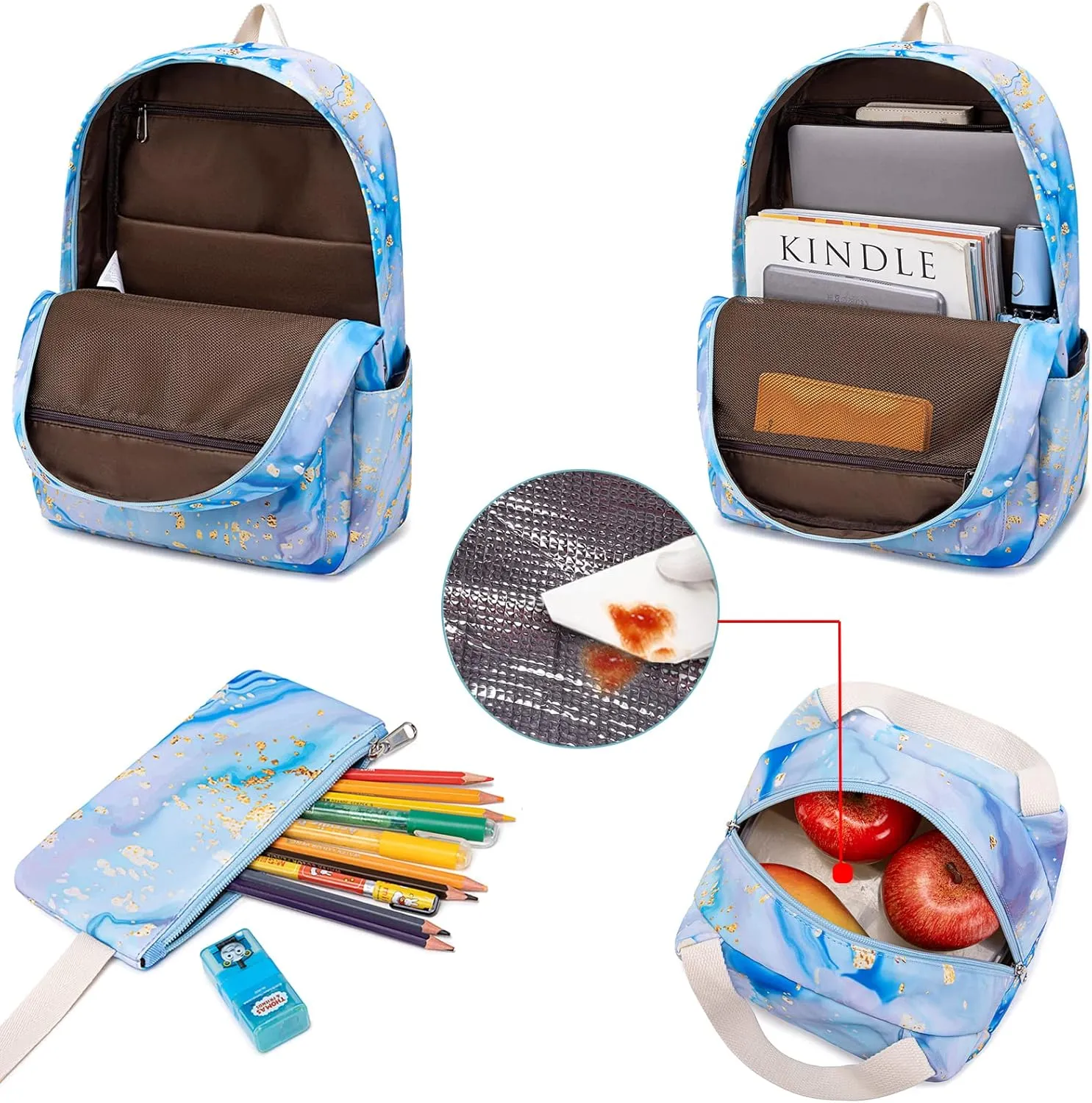 Sunborls Backpack for Teen Girls Lightweight High-Capacity Student Bookbag Women Backpack With Lunch Bag Pencil Bags Student Bookbags 3pcs（Marble blue）