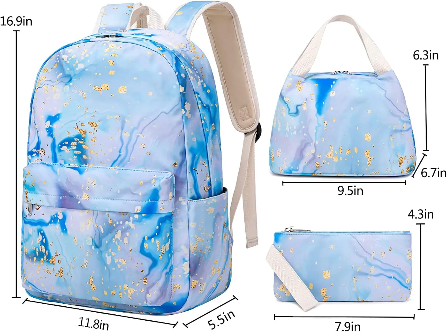 Sunborls Backpack for Teen Girls Lightweight High-Capacity Student Bookbag Women Backpack With Lunch Bag Pencil Bags Student Bookbags 3pcs（Marble blue）