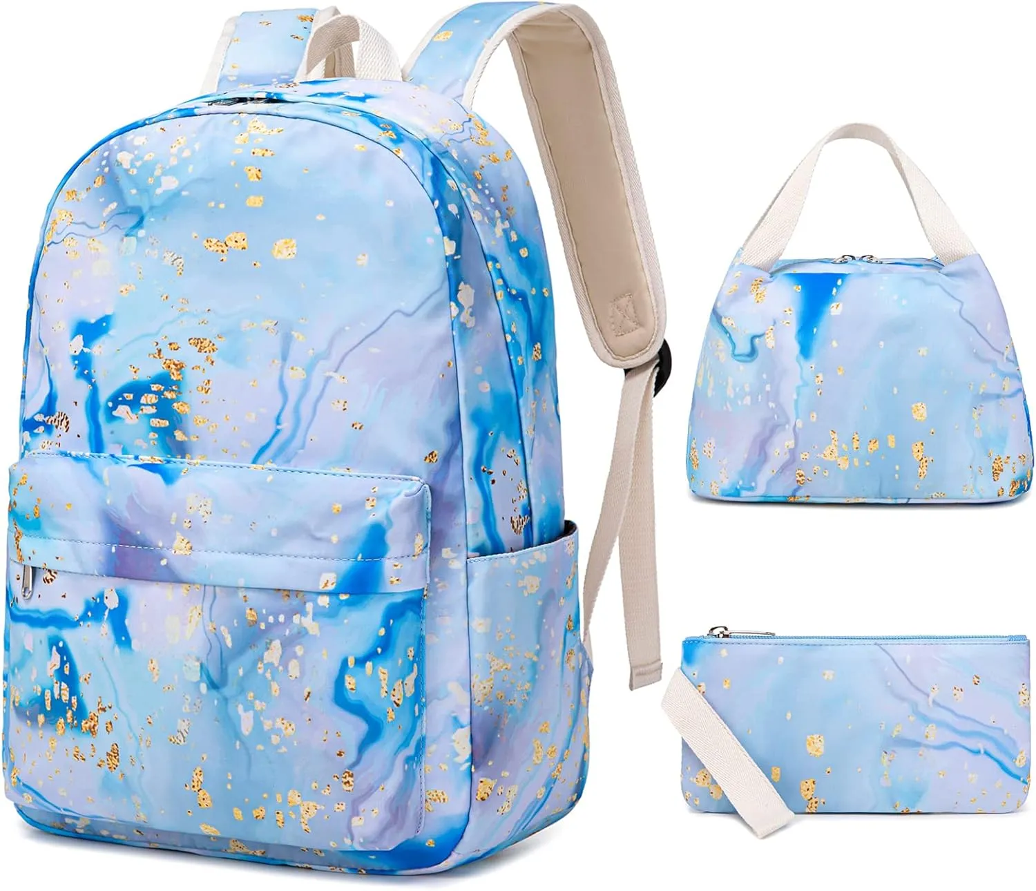 Sunborls Backpack for Teen Girls Lightweight High-Capacity Student Bookbag Women Backpack With Lunch Bag Pencil Bags Student Bookbags 3pcs（Marble blue）