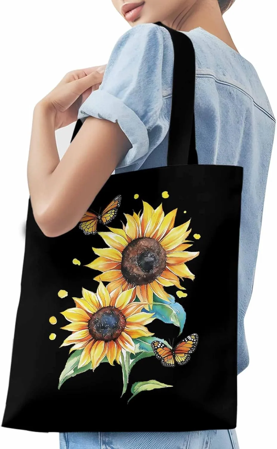 Sunflower Summer Floral Butterfly Canvas Tote Bag, Aesthetic Canvas Tote Handbags for Women Shoulder Bag