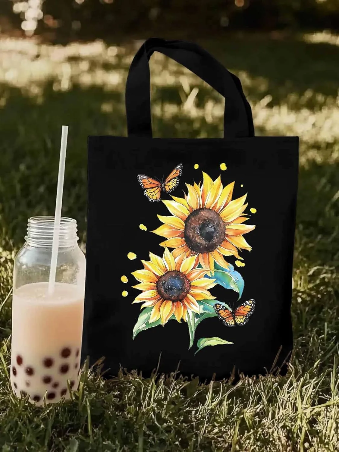 Sunflower Summer Floral Butterfly Canvas Tote Bag, Aesthetic Canvas Tote Handbags for Women Shoulder Bag