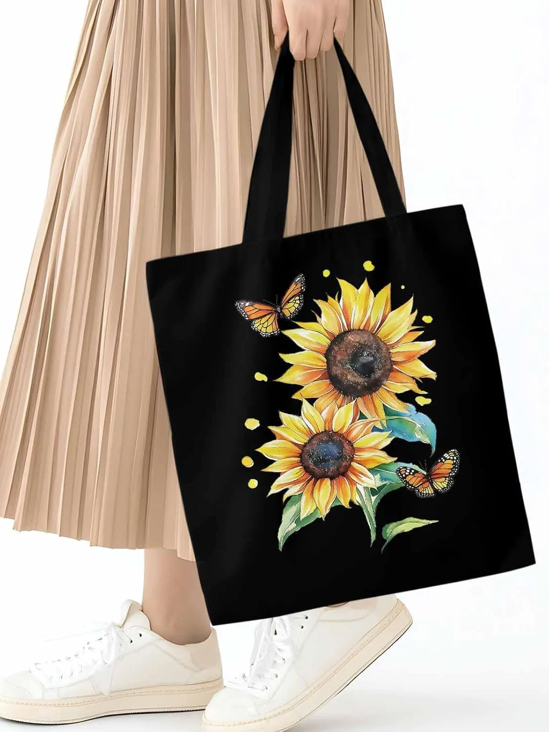 Sunflower Summer Floral Butterfly Canvas Tote Bag, Aesthetic Canvas Tote Handbags for Women Shoulder Bag