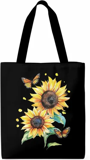 Sunflower Summer Floral Butterfly Canvas Tote Bag, Aesthetic Canvas Tote Handbags for Women Shoulder Bag