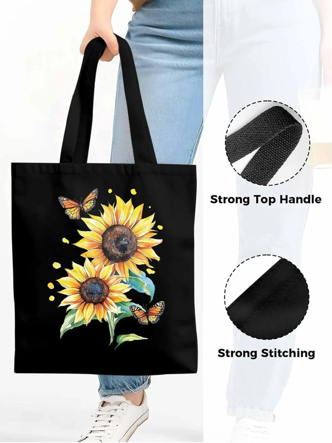 Sunflower Summer Floral Butterfly Canvas Tote Bag, Aesthetic Canvas Tote Handbags for Women Shoulder Bag