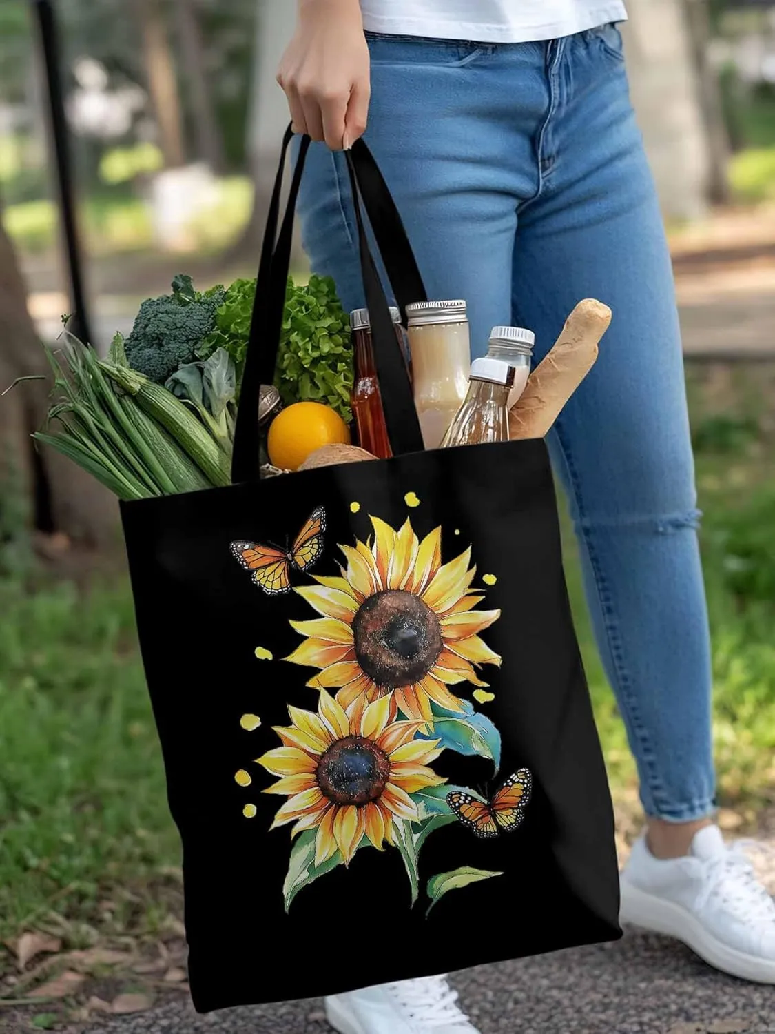 Sunflower Summer Floral Butterfly Canvas Tote Bag, Aesthetic Canvas Tote Handbags for Women Shoulder Bag