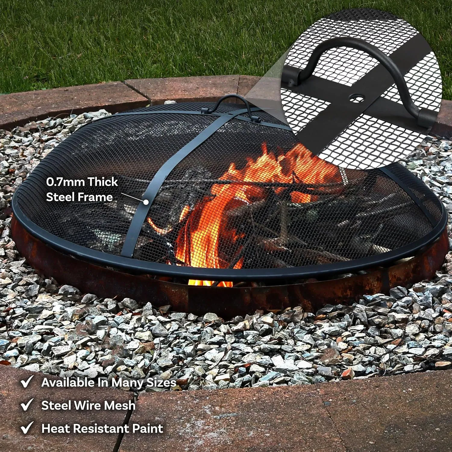 Sunnydaze Heavy-Duty Steel Mesh Fire Pit Screen - Fire Pit Spark Screen with Handle - 30-Inch Diameter