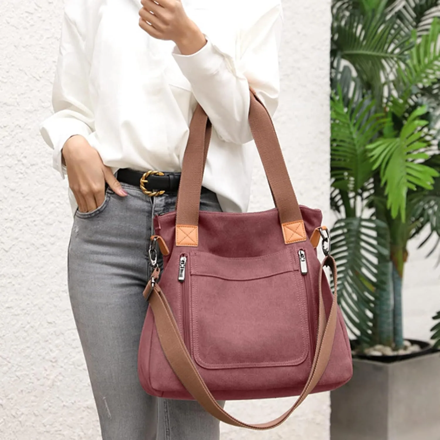 Sunshinejing Women's Canvas Tote Bag Work Shoulder Crossbody Bags Vintage Multi-pocket Handbags