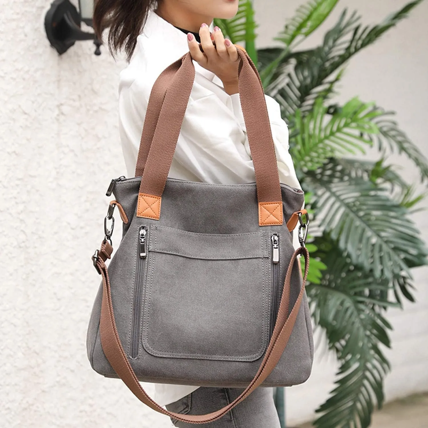 Sunshinejing Women's Canvas Tote Bag Work Shoulder Crossbody Bags Vintage Multi-pocket Handbags