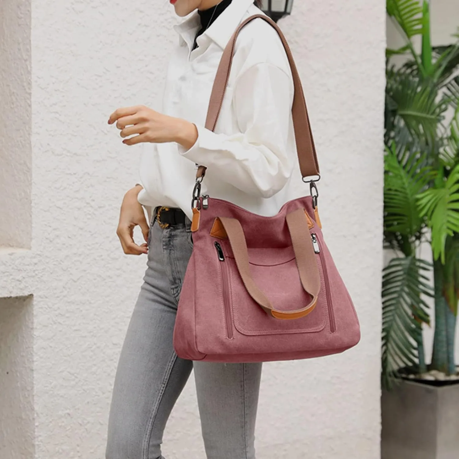 Sunshinejing Women's Canvas Tote Bag Work Shoulder Crossbody Bags Vintage Multi-pocket Handbags