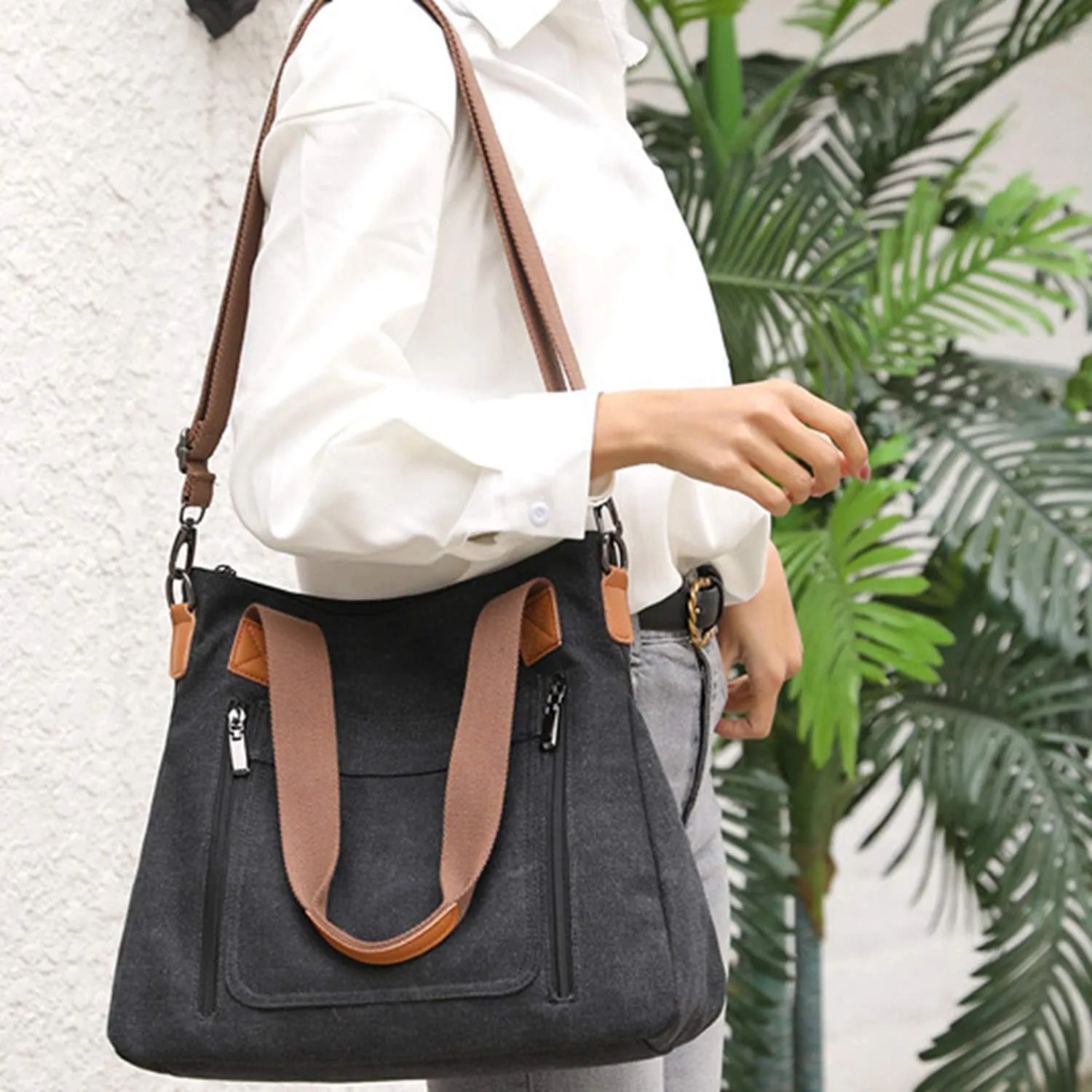 Sunshinejing Women's Canvas Tote Bag Work Shoulder Crossbody Bags Vintage Multi-pocket Handbags