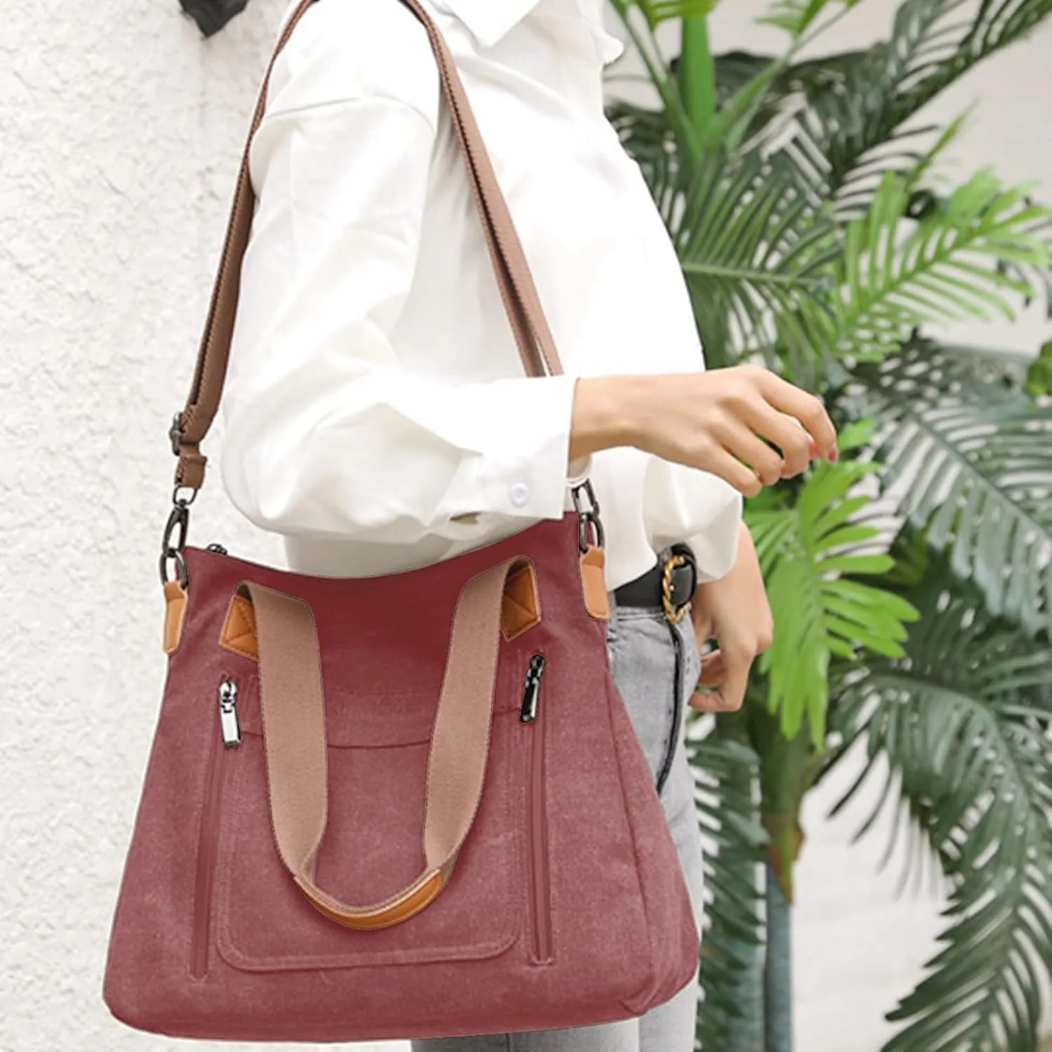 Sunshinejing Women's Canvas Tote Bag Work Shoulder Crossbody Bags Vintage Multi-pocket Handbags