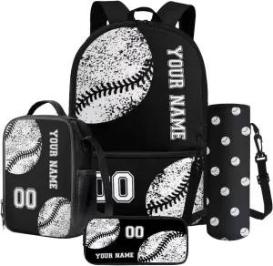Suobstales Black Baseball Print 4 Pieces Backpack Sets Primary Schoolbag Travel Daypack Shoulder Bag Rucksack Knapsack Bookbag with Lunch Bag/Pencil Case/Water Bottle Sleeve for Boys Girls