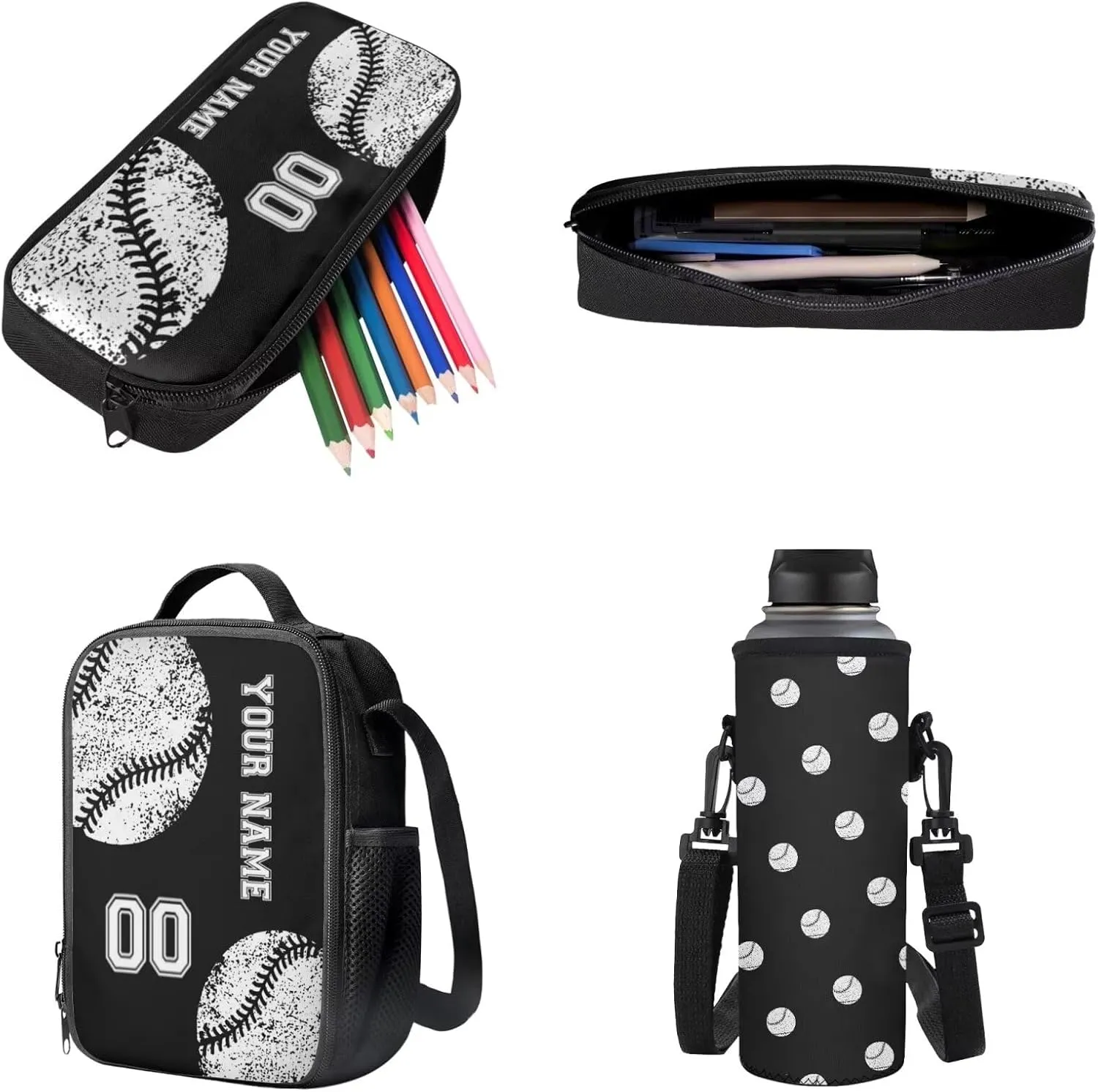Suobstales Black Baseball Print 4 Pieces Backpack Sets Primary Schoolbag Travel Daypack Shoulder Bag Rucksack Knapsack Bookbag with Lunch Bag/Pencil Case/Water Bottle Sleeve for Boys Girls