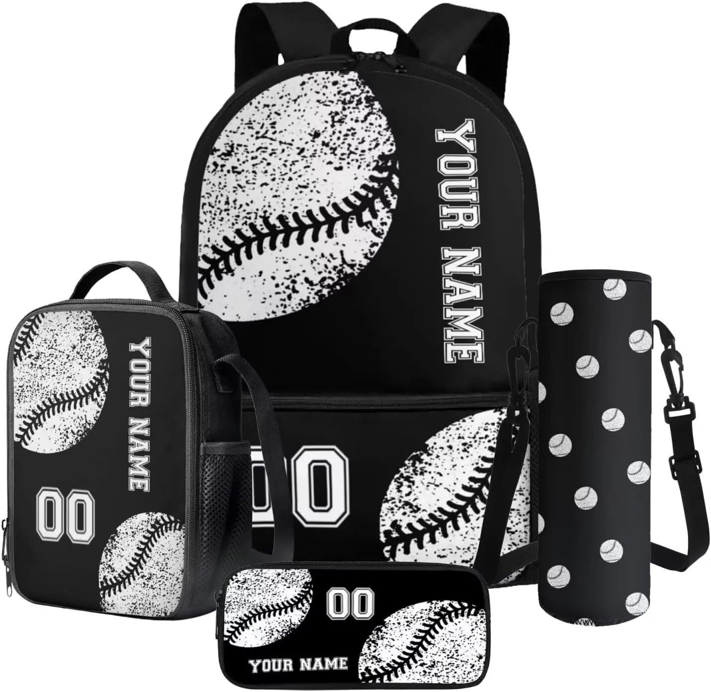Suobstales Black Baseball Print 4 Pieces Backpack Sets Primary Schoolbag Travel Daypack Shoulder Bag Rucksack Knapsack Bookbag with Lunch Bag/Pencil Case/Water Bottle Sleeve for Boys Girls