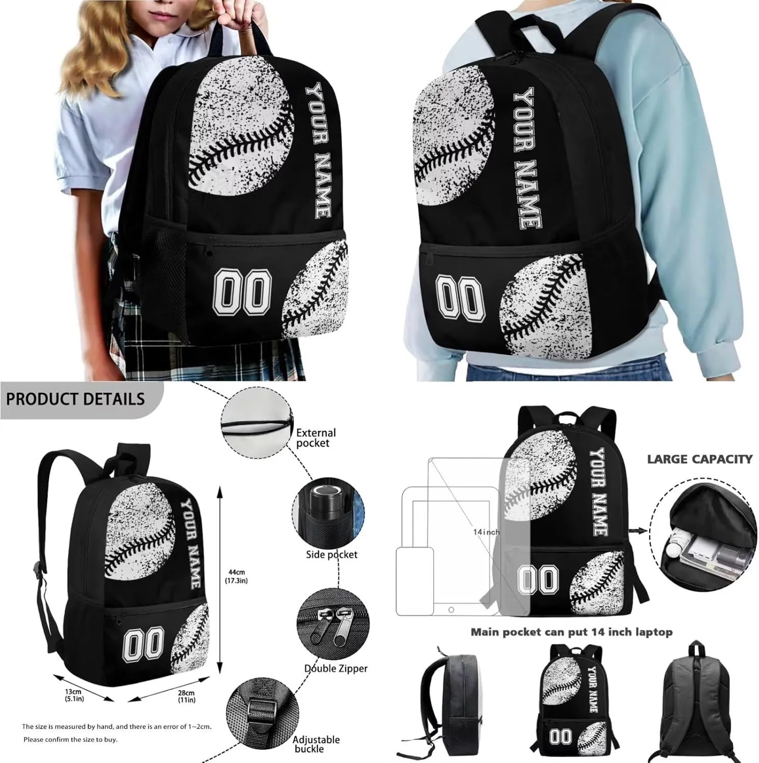Suobstales Black Baseball Print 4 Pieces Backpack Sets Primary Schoolbag Travel Daypack Shoulder Bag Rucksack Knapsack Bookbag with Lunch Bag/Pencil Case/Water Bottle Sleeve for Boys Girls