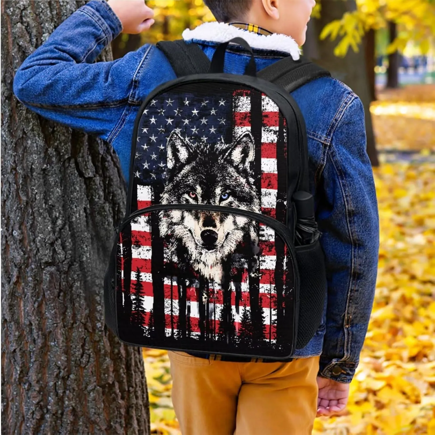Suobstales Wolf Forest American Flag Print 3pcs Kids Backpack School Bag for Boys Elementary Primary Bookbag with Lunch Box Pencil Case 3 In 1 Casual Daypack Rucksack Satchel