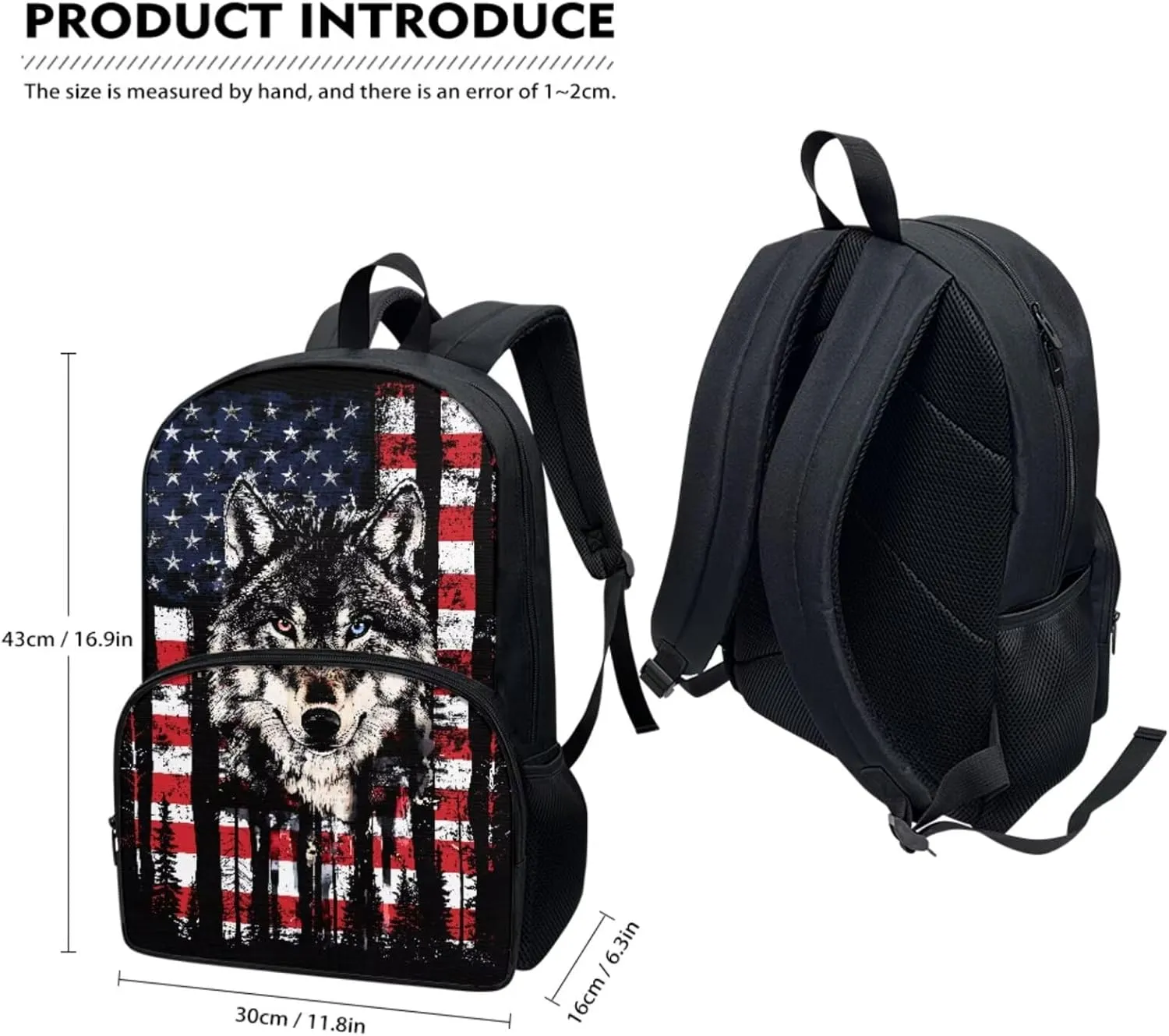 Suobstales Wolf Forest American Flag Print 3pcs Kids Backpack School Bag for Boys Elementary Primary Bookbag with Lunch Box Pencil Case 3 In 1 Casual Daypack Rucksack Satchel