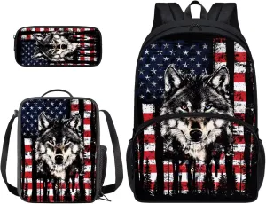 Suobstales Wolf Forest American Flag Print 3pcs Kids Backpack School Bag for Boys Elementary Primary Bookbag with Lunch Box Pencil Case 3 In 1 Casual Daypack Rucksack Satchel