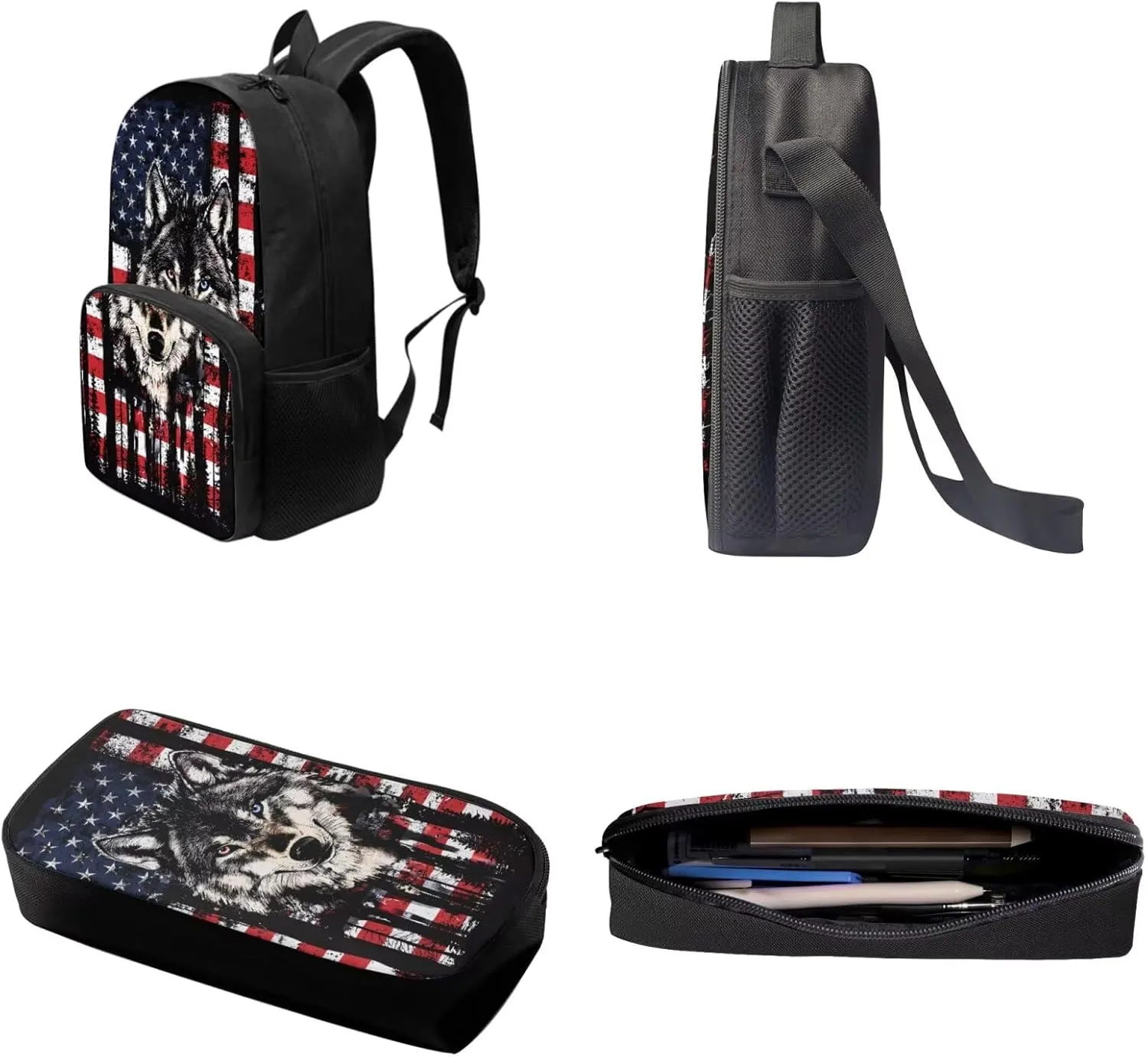 Suobstales Wolf Forest American Flag Print 3pcs Kids Backpack School Bag for Boys Elementary Primary Bookbag with Lunch Box Pencil Case 3 In 1 Casual Daypack Rucksack Satchel