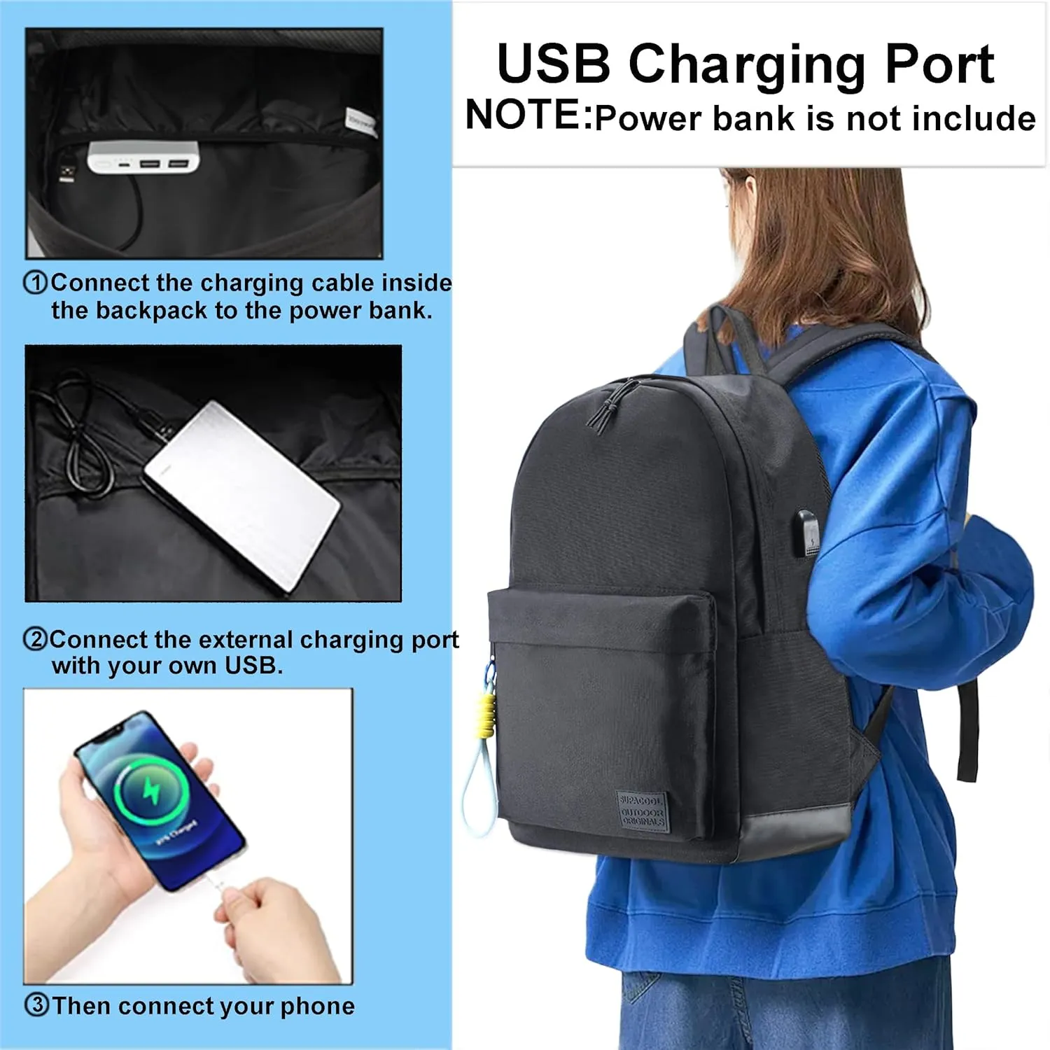 SUPACOOL Casual Laptop Backpack for Men and Women, Backpack for College, USB Charging Port, Lightweight Pack Back
