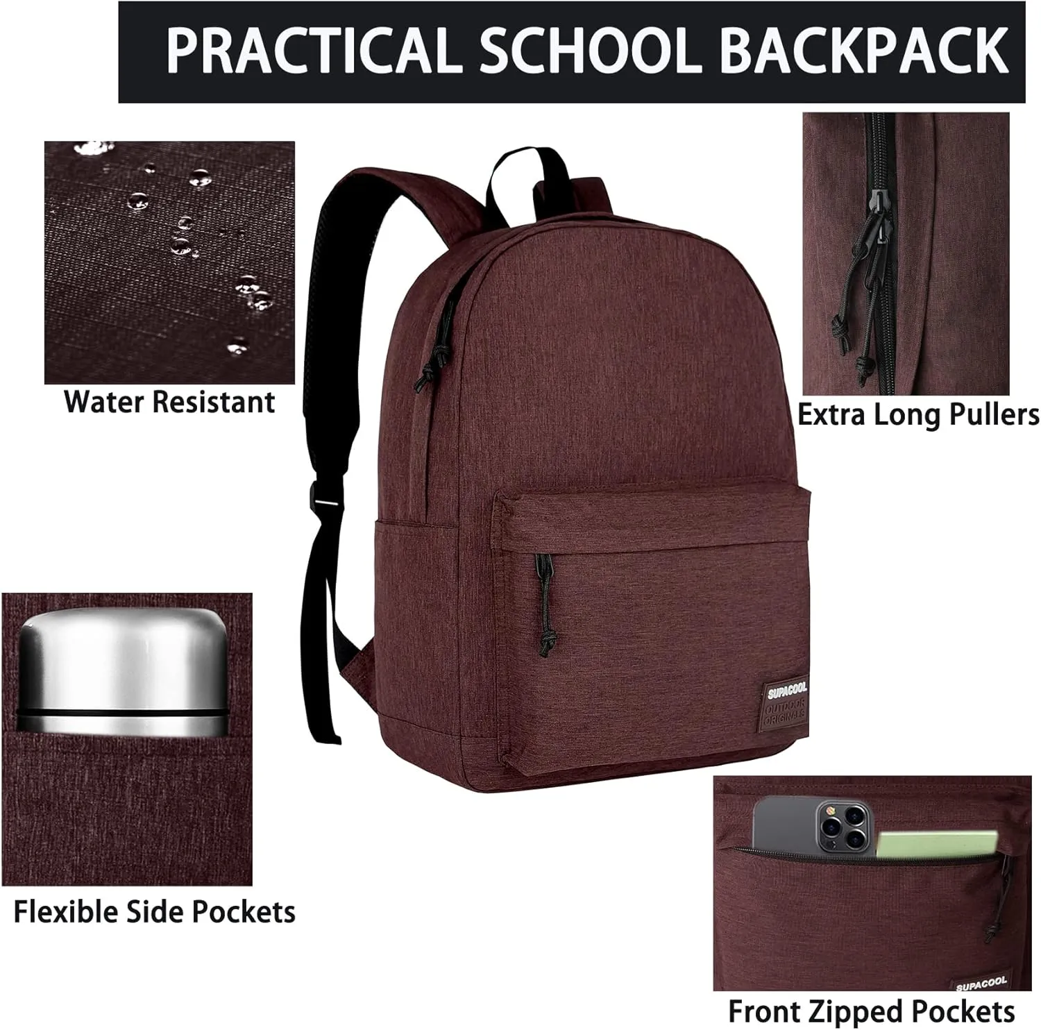 SUPACOOL Casual Laptop Backpack for Men and Women, Backpack for College, USB Charging Port, Lightweight Pack Back(Coffee)