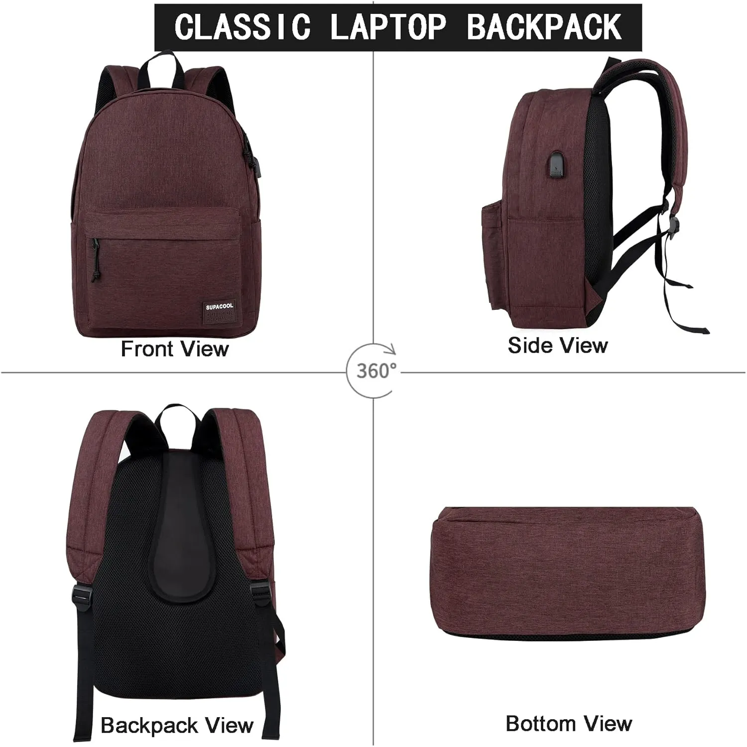 SUPACOOL Casual Laptop Backpack for Men and Women, Backpack for College, USB Charging Port, Lightweight Pack Back(Coffee)