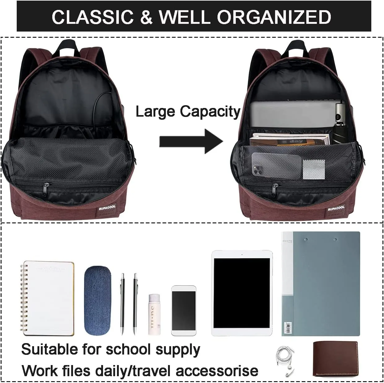SUPACOOL Casual Laptop Backpack for Men and Women, Backpack for College, USB Charging Port, Lightweight Pack Back(Coffee)