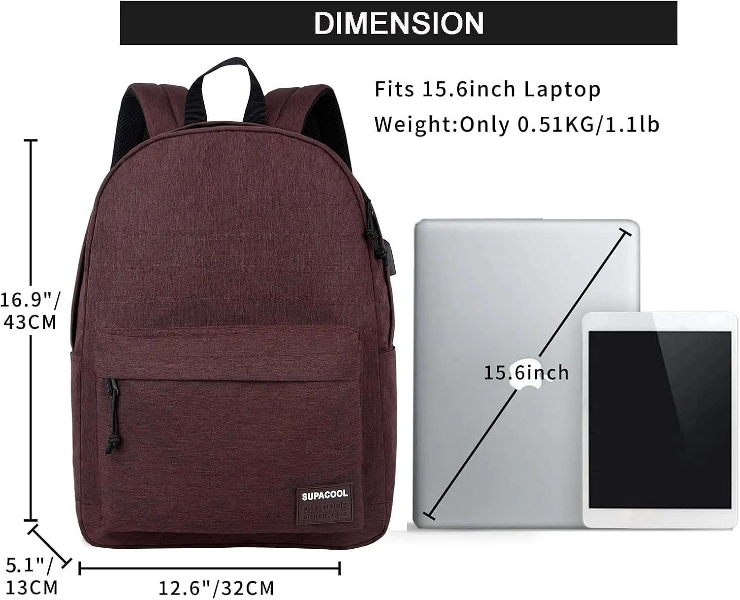 SUPACOOL Casual Laptop Backpack for Men and Women, Backpack for College, USB Charging Port, Lightweight Pack Back(Coffee)