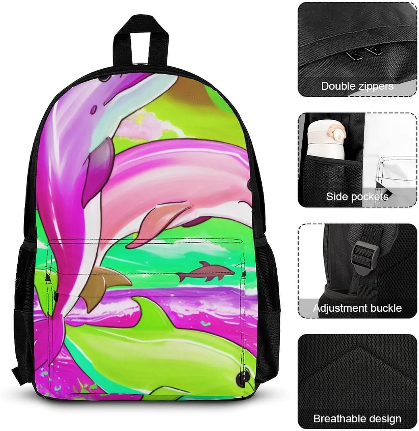 Supdreamc 3 Piece Rucksack Sets, Colorful Dolphins Art Bookbag Lunch Bag Pencil Case, Daypack Backpack, Travel Hiking & Camping Rucksack, Laptop Backpack