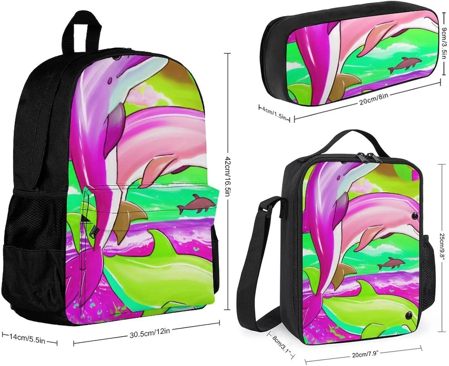 Supdreamc 3 Piece Rucksack Sets, Colorful Dolphins Art Bookbag Lunch Bag Pencil Case, Daypack Backpack, Travel Hiking & Camping Rucksack, Laptop Backpack