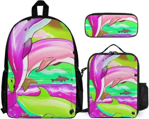 Supdreamc 3 Piece Rucksack Sets, Colorful Dolphins Art Bookbag Lunch Bag Pencil Case, Daypack Backpack, Travel Hiking & Camping Rucksack, Laptop Backpack