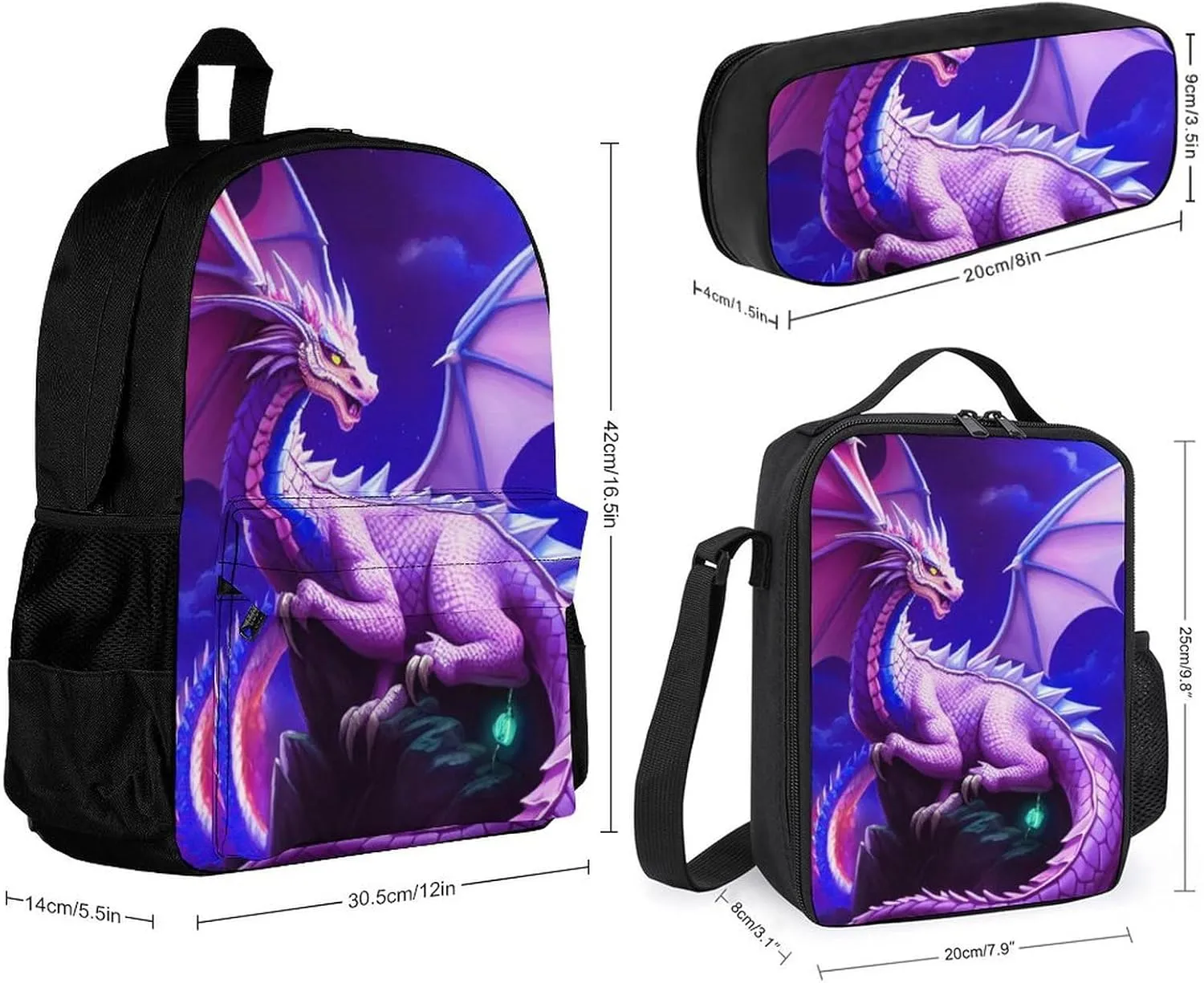Supdreamc Adults Backpack Sets - Mystery Dragon Magical Art Shoulder Book Bags Travel Daypack   Lunch Bag   Pencil Case, Gym Outdoor Hiking Bag Book Rucksack
