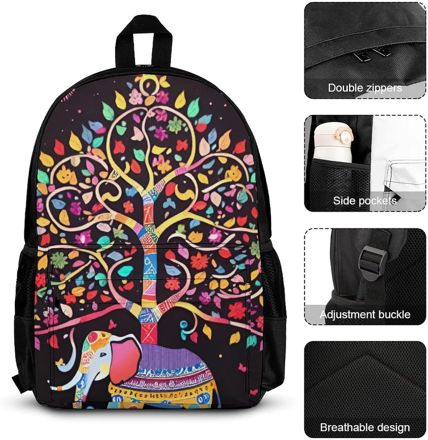 Supdreamc Adults Rucksack - Elephant Tree Lucky Art Carry On Bag Shoulder Book Bags Travel and Sport Backpack Rucksack, 3 Piece Daypack Laptop Backpack