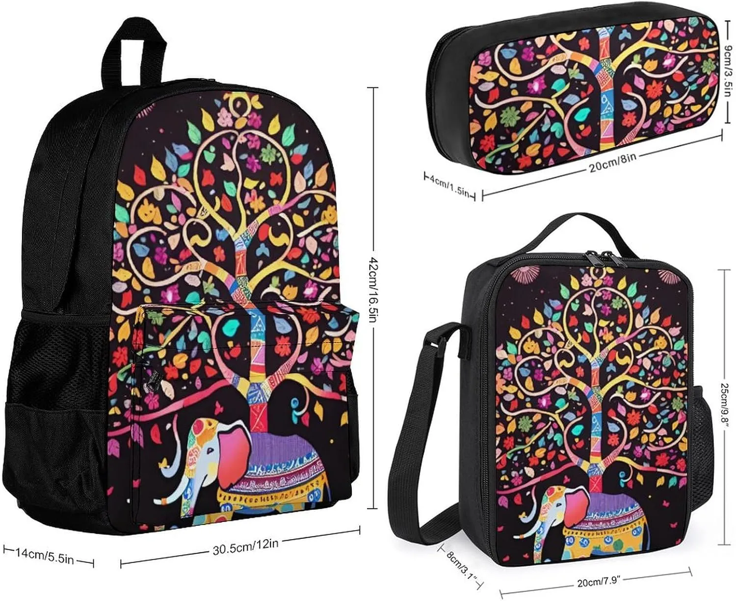 Supdreamc Adults Rucksack - Elephant Tree Lucky Art Carry On Bag Shoulder Book Bags Travel and Sport Backpack Rucksack, 3 Piece Daypack Laptop Backpack